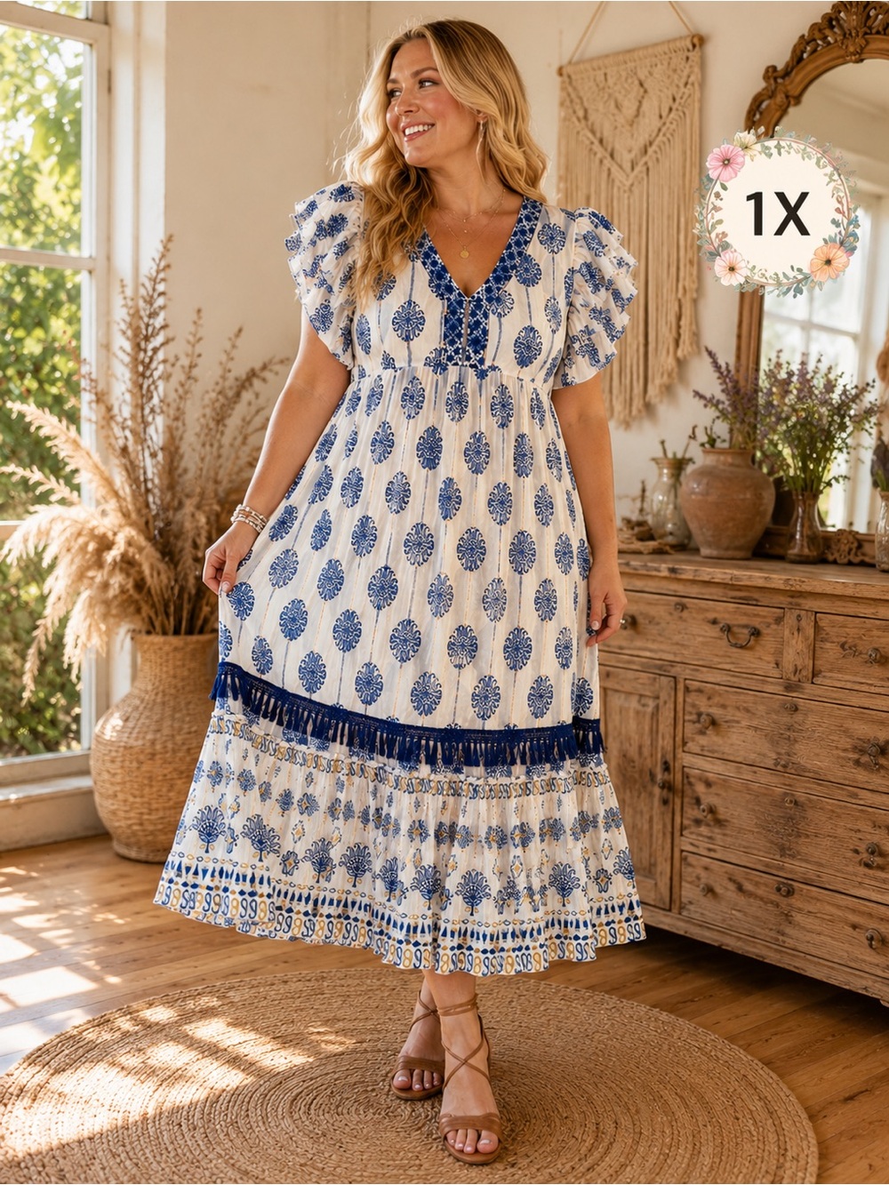 NWT - 1X - ME 2 MAGIC - Blue & White Boho Maxi Dress with V-Neck